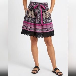 Mix Nouveau Paisley Skirt, Size L, Pink and Black Lace Hem Tie Waist Knee Length